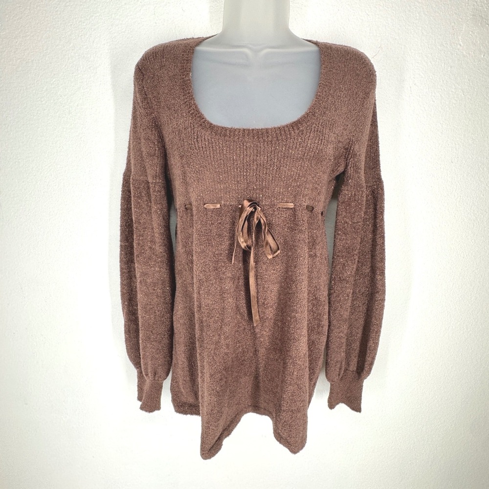 Moda International Brown Metallic Knit Empire Waist Balloon Sleeve Sweater Y2K M